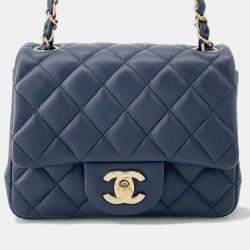 Pre Owned Chanel Matelasse Single Flap Chain Shoulder Navy Lambskin Size 17