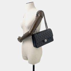 Pre Owned Chanel Matelasse W Flap Chain shoulder Bag Black Caviar Leather Size 25