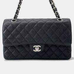 Pre Owned Chanel Matelasse W Flap Chain shoulder Bag Black Caviar Leather Size 25