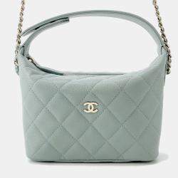 Pre Owned Chanel Hobo Chain shoulder Mint Blue Caviar Leather