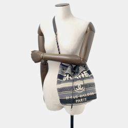 Pre Owned Chanel Deauville Drawstring Shoulder Black/Gray/White Canvas