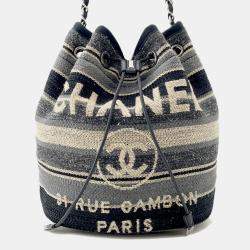 Pre Owned Chanel Deauville Drawstring Shoulder Black/Gray/White Canvas