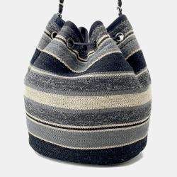 Pre Owned Chanel Deauville Drawstring Shoulder Black/Gray/White Canvas