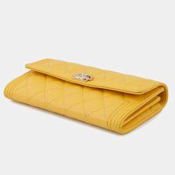 Pre Owned Chanel Boy Chanel Long Wallet Yellow Lambskin