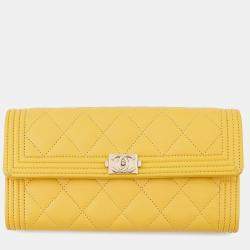 Pre Owned Chanel Boy Chanel Long Wallet Yellow Lambskin