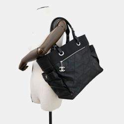 Pre Owned Chanel Paris-Biarritz Tote Bag Black Leather Canvas Size Gm