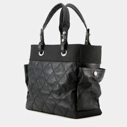 Pre Owned Chanel Paris-Biarritz Tote Bag Black Leather Canvas Size Gm