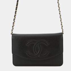 Pre Owned Chanel Chain Wallet Black Caviar Leather