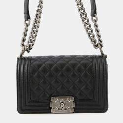 Pre Owned Chanel Boy Chanel Chain shoulder Bag Black Caviar Leather Size 20