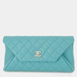 Pre Owned Chanel Matelasse Clutch Bag Turquoise Lambskin