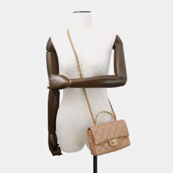 Pre Owned Chanel Matelasse Top Handle 2-Way Chain Shoulder Bag Beige Shiny Lambskin Size Small