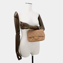 Pre Owned Chanel Matelasse Top Handle 2-Way Chain Shoulder Bag Beige Shiny Lambskin Size Small