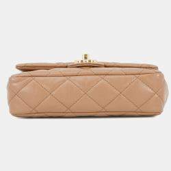 Pre Owned Chanel Matelasse Top Handle 2-Way Chain Shoulder Bag Beige Shiny Lambskin Size Small