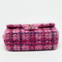 Pre Owned Chanel Pink Quilted Tweed Mini Classic Single Flap Bag
