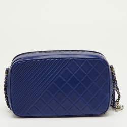 Pre Owned Chanel Navy Blue Quilted Leather Large Coco Boy Camera Case Bag