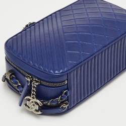 Pre Owned Chanel Navy Blue Quilted Leather Large Coco Boy Camera Case Bag