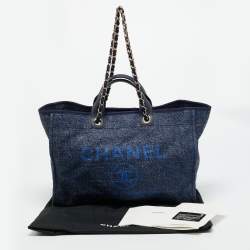 Pre Owned Chanel Navy Blue Straw and Lurex Fabric Large Deauville Shopper Tote