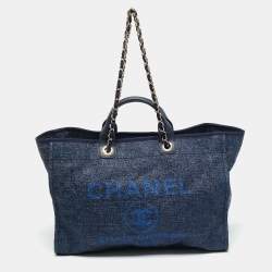 Pre Owned Chanel Navy Blue Straw and Lurex Fabric Large Deauville Shopper Tote