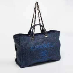 Pre Owned Chanel Navy Blue Straw and Lurex Fabric Large Deauville Shopper Tote