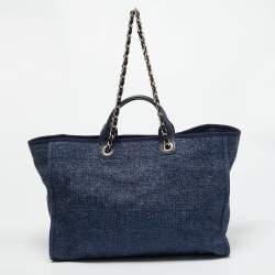 Pre Owned Chanel Navy Blue Straw and Lurex Fabric Large Deauville Shopper Tote