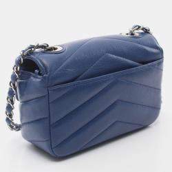 Pre Owned Chanel Chevron V Stitch Chain Shoulder Crossbody Bag Leather Blue