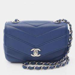 Pre Owned Chanel Chevron V Stitch Chain Shoulder Crossbody Bag Leather Blue
