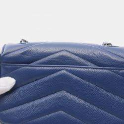 Pre Owned Chanel Chevron V Stitch Chain Shoulder Crossbody Bag Leather Blue