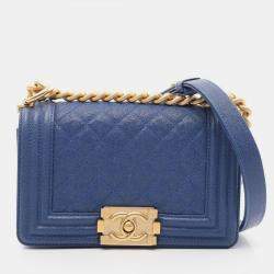 Pre Owned Chanel Boy Chanel Small Shoulder Bag Grained Calf Blue