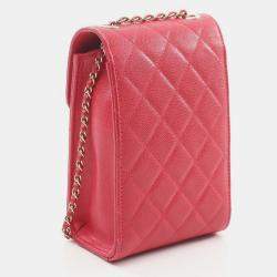 Pre Owned Chanel Matelasse Phone Shoulder Bag Leather Grained Calfskin Red