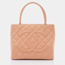 Pre Owned Chanel Medallion Tote Bag Leather Grained Calfskin Pink