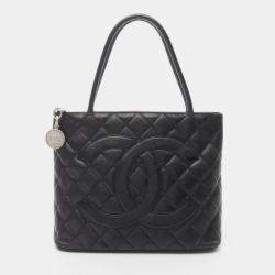 Pre Owned Chanel Medallion Tote Hand Bag Calfskin Leather Black