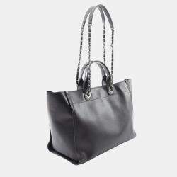 Pre Owned Chanel Deauville Tote Chain Shoulder Bag Calf Leather Black