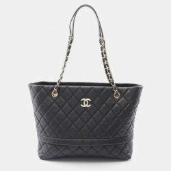 Pre Owned Chanel Matelasse Tote Chain Shoulder Bag Calfskin Leather Black