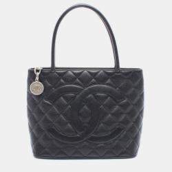 Pre Owned Chanel Medallion Tote Hand Bag Grained Calf Leather Black