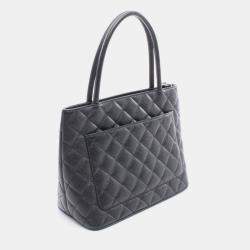 Pre Owned Chanel Medallion Tote Hand Bag Grained Calf Leather Black