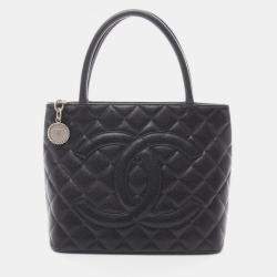 Pre Owned Chanel Medallion Tote Hand Bag Calfskin Leather Black