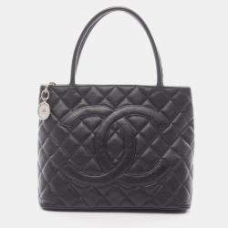 Pre Owned Chanel Medallion Tote Hand Bag Leather Grained Calfskin Black