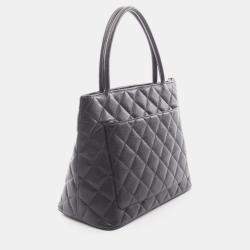 Pre Owned Chanel Medallion Tote Hand Bag Leather Grained Calfskin Black