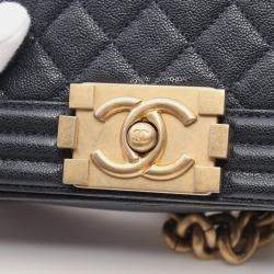 Pre Owned Chanel Boy Chanel Small Chain Shoulder Bag Leather Navy