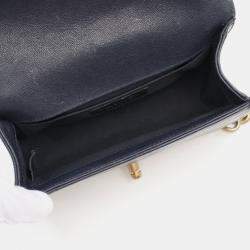 Pre Owned Chanel Boy Chanel Small Chain Shoulder Bag Leather Navy