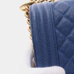 Pre Owned Chanel Boy Chanel Shoulder Bag Leather Grained Calfskin Blue