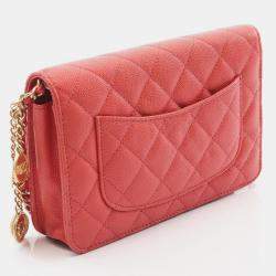 Pre Owned Chanel Matelasse Chain Crossbody Bag Grained Calf Red Orange