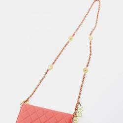 Pre Owned Chanel Matelasse Chain Crossbody Bag Grained Calf Red Orange