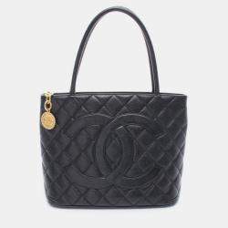 Pre Owned Chanel Medallion Tote Shoulder Bag Leather Calfskin Leather Black