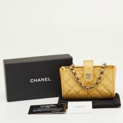 Pre Owned Chanel Metallic Gold Quilted Lizard iPhone Pouch with Chain