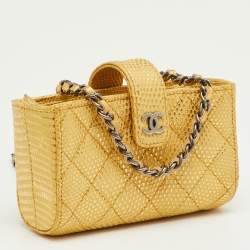 Pre Owned Chanel Metallic Gold Quilted Lizard iPhone Pouch with Chain