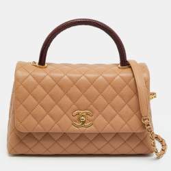 Pre Owned Chanel Beige/Burgundy Caviar Leather and Lizard Small Coco Top Handle Bag