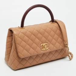 Pre Owned Chanel Beige/Burgundy Caviar Leather and Lizard Small Coco Top Handle Bag