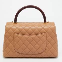 Pre Owned Chanel Beige/Burgundy Caviar Leather and Lizard Small Coco Top Handle Bag