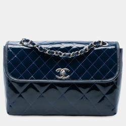 Pre Owned Chanel Navy Blue Quilted Patent In The Business Flap